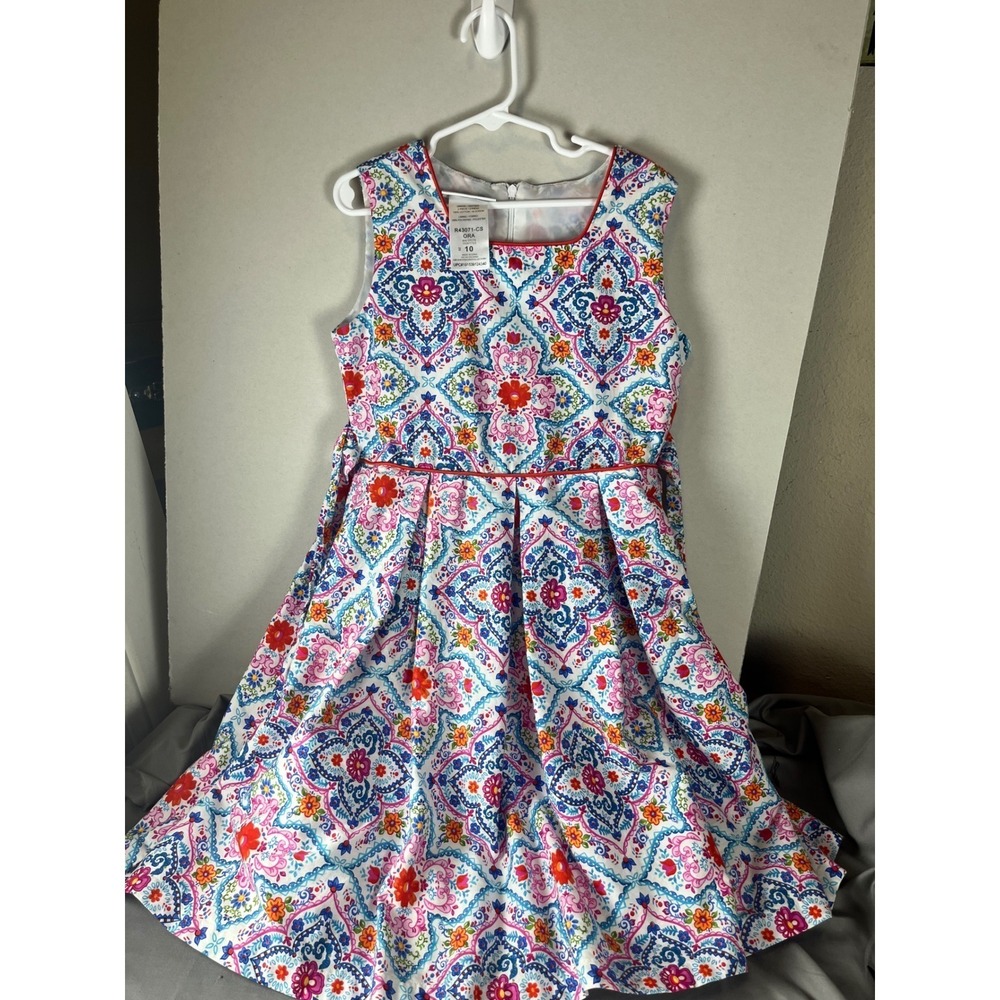 Bonnie Jean Girls Multi Color Paisley Floral Medallion Pleated Dress Size 10